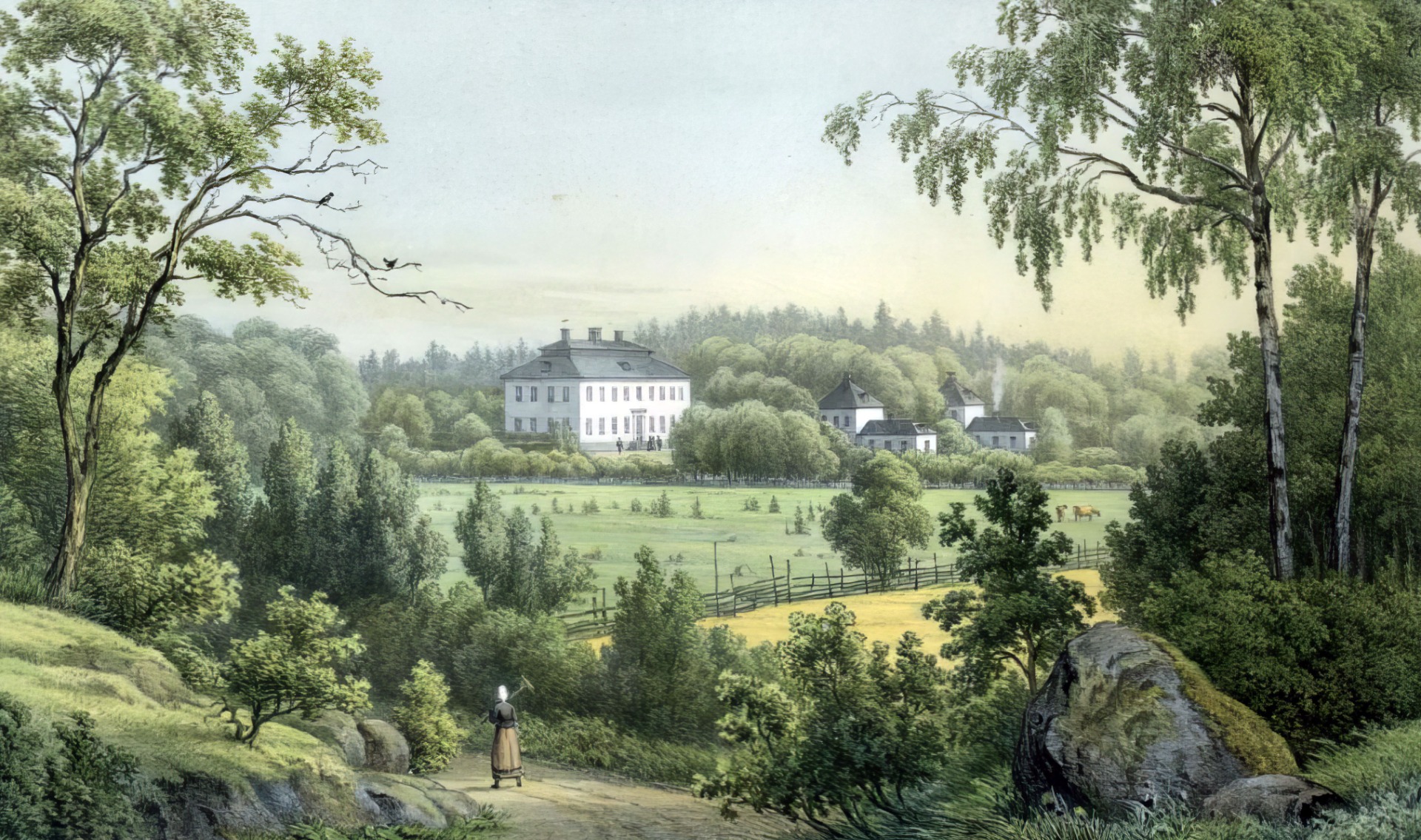 Åkeshovs slott på 1800-talet på en litografi av Alexander Nay i verket Uplands Herregårdar som gavs ut av Carl Arvid Klingspor och Bernhard Schlegel 1881.